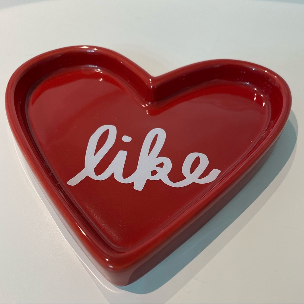 “Like” Red & White Script Glazed Heart Ceramic Trinket Tray